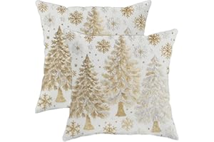 Trees Throw Pillow Covers Set of 2, Winter Festive Snowflakes Gold Accents Christmas White Soft Velvet Washable Cover Decorat