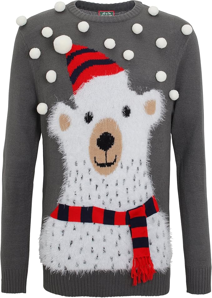 Polar Bear Christmas Jumper With Pom Poms S 34" Amazon.co.uk Clothing