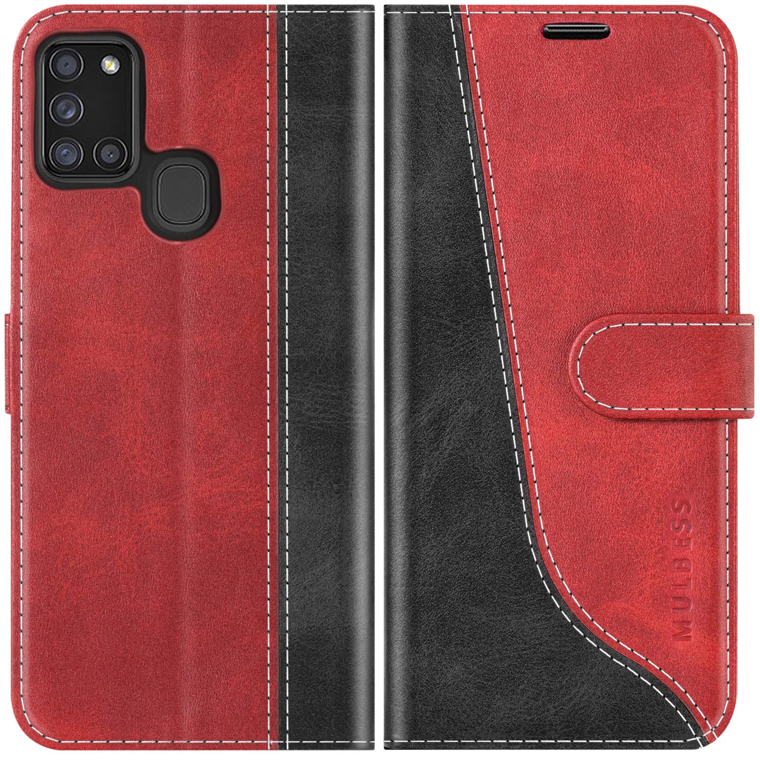 MulbessPhone Case for Samsung Galaxy A21S - PU Leather Wallet Case - Magnetic Protective Flip Cover with Credit Card Slot - Wine Red