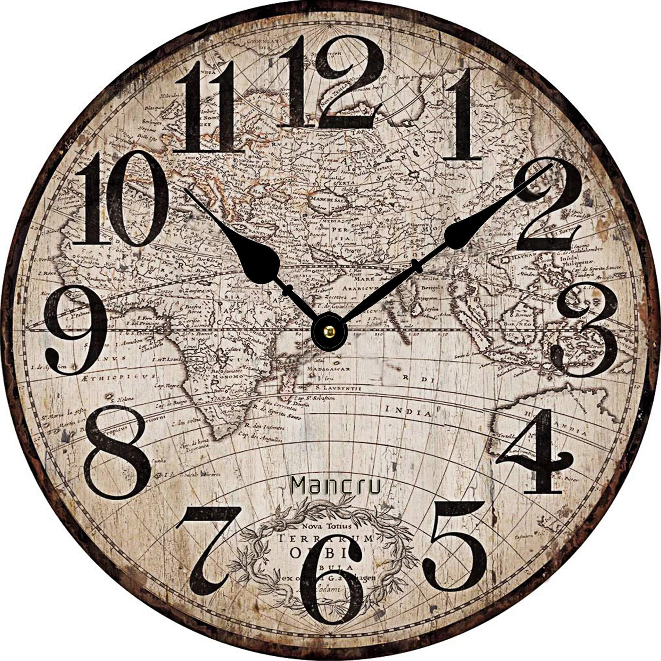Mancru 0.4 Inch Thickness Vintage Not Cover Silence Wall Clock Shabby Wooden Large Round Non-Ticking Quiet Quartz Wall Clock Decoration Wall Art Clock 1-12inch
