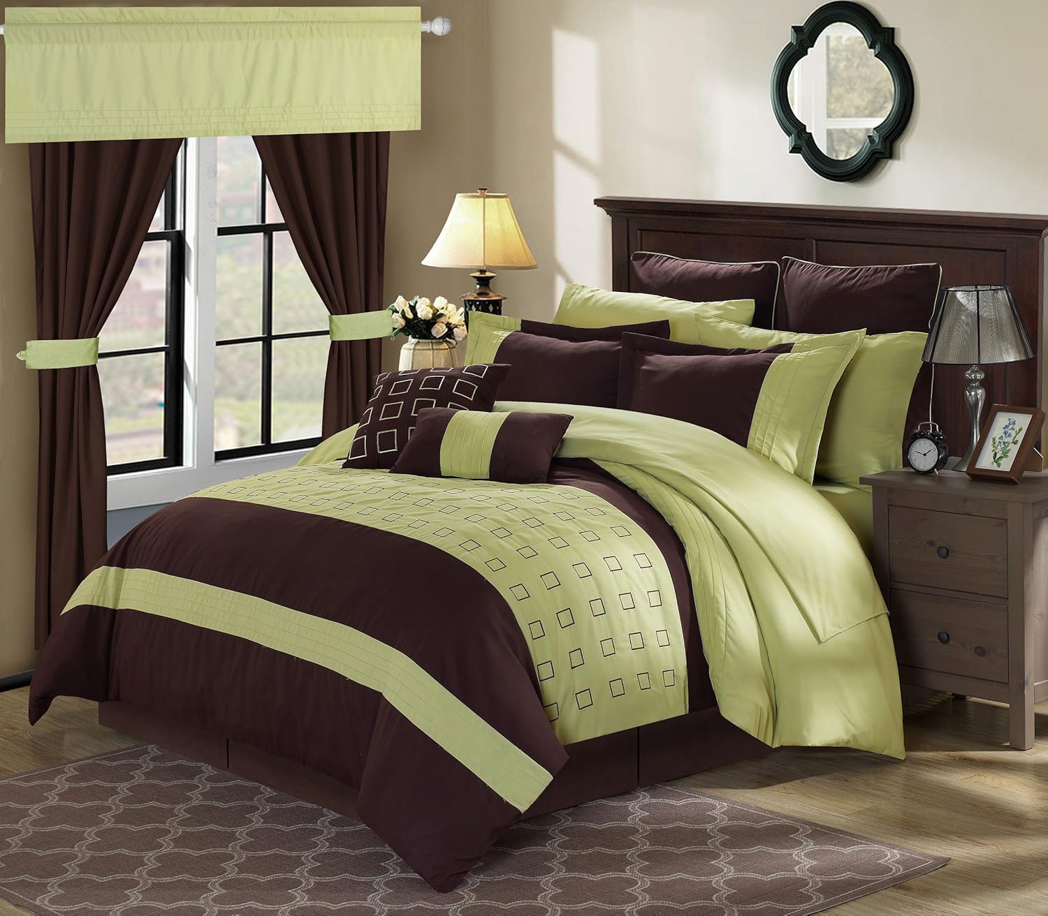 Perfect Home 24 Piece Gerard Complete Embroidery color block bedding, sheets, window panel collection Queen Bed In a Bag Comforter Set Green, Sheets Included
