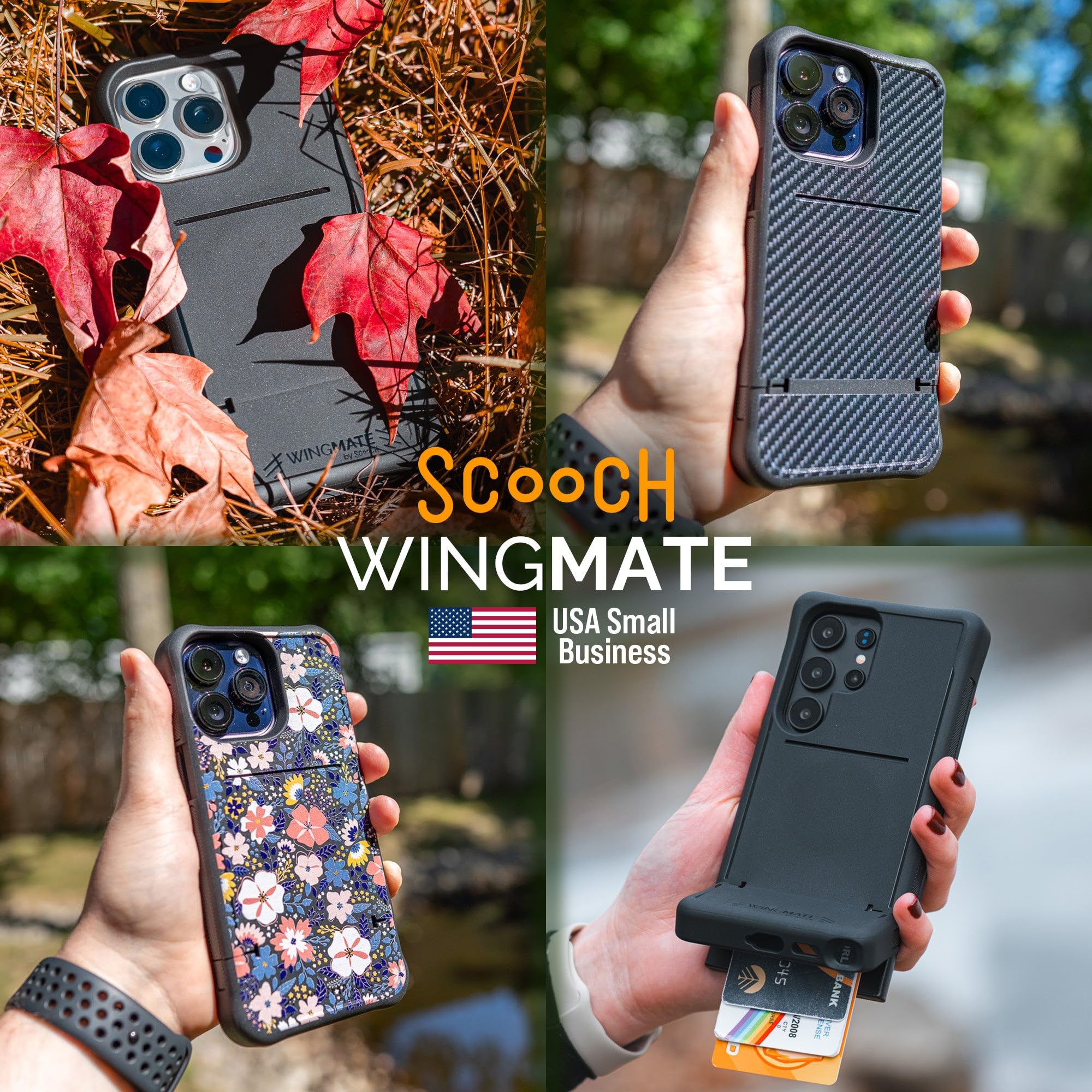 Scooch for iPhone 16 Pro Case with Card Holder, Wingmate Wallet Case with Hidden Card Slot and RFID Protection for up to 4 Cards, 10-Foot Drop Protection, Black
