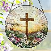 8 Inch Stained Glass Cross and Wildflowers Suncatcher Christian Stained Glass Windows Hanging Flower Cross Gift for Religious Easter Faith Christian Gifts Religious Home Decor