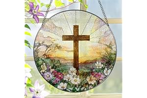 LAOWEIKI 8 Inch Stained Glass Cross and Wildflowers Suncatcher Christian Stained Glass Windows Hanging Flower Cross Gift for Religious Easter Faith Christian Gifts Religious Home Decor