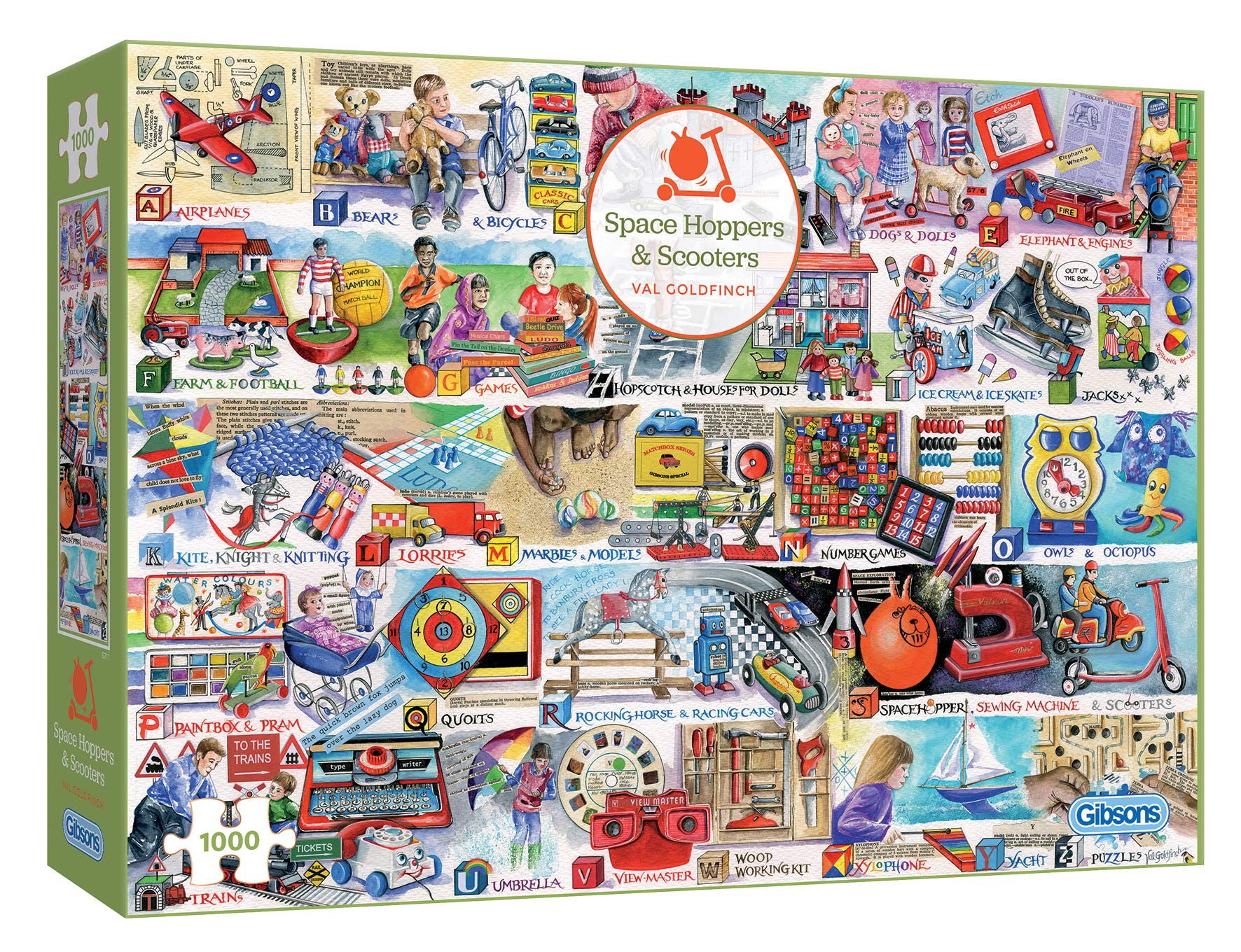 Gibsons Space Hoppers & Scooters 1000 Piece Jigsaw Puzzle for Adults – Childhood Games & Toys by Val Goldfinch – Nostalgic Retro Play Puzzle – Premium Sustainable Puzzle Made in the UK/EU