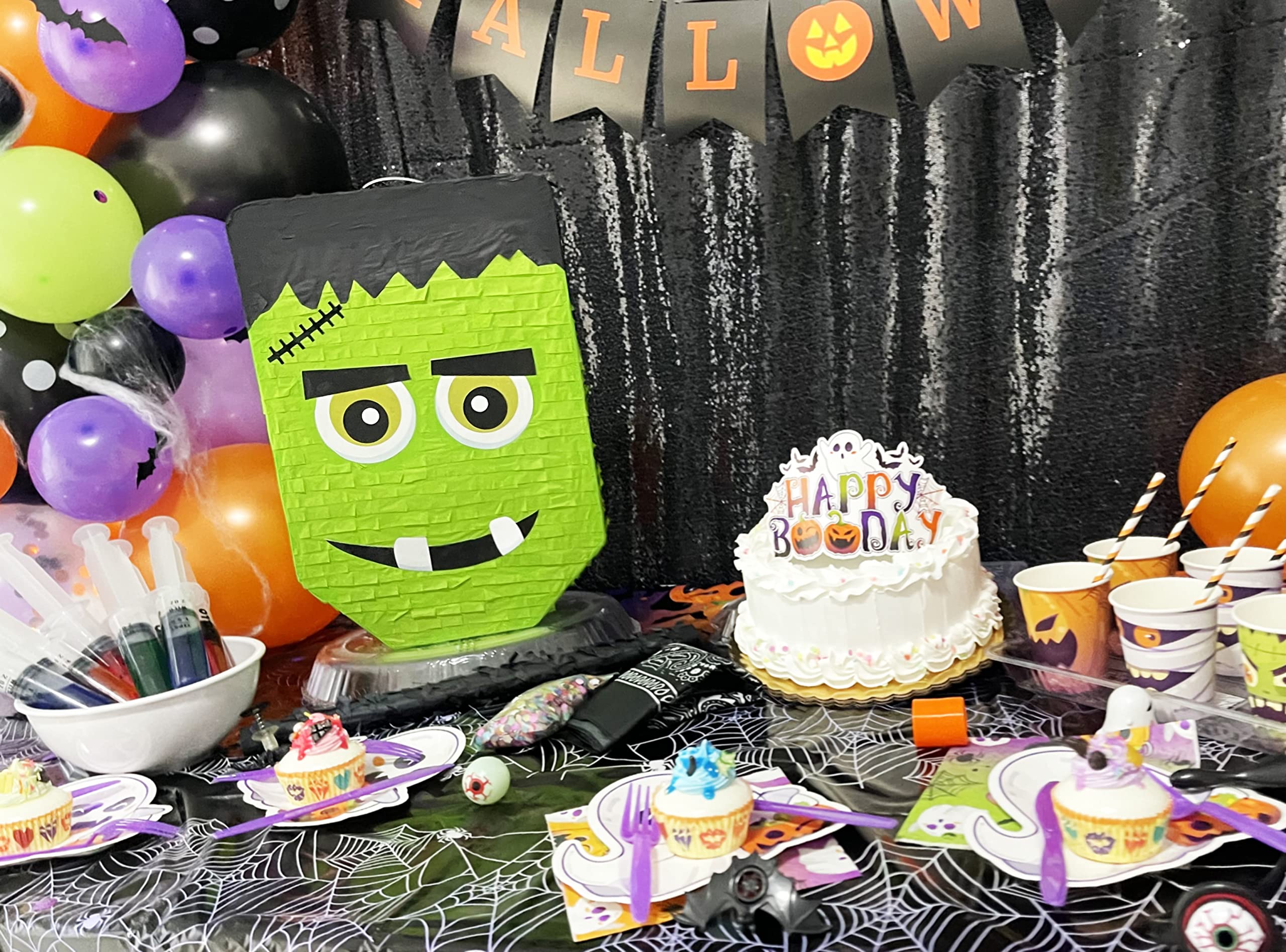 Cute Frankenstein Halloween Piñata 3-piece Bundle for kids and adults, fits 2lbs of candy, perfect for Halloween party, spooky decorations, October birthday and party supplies