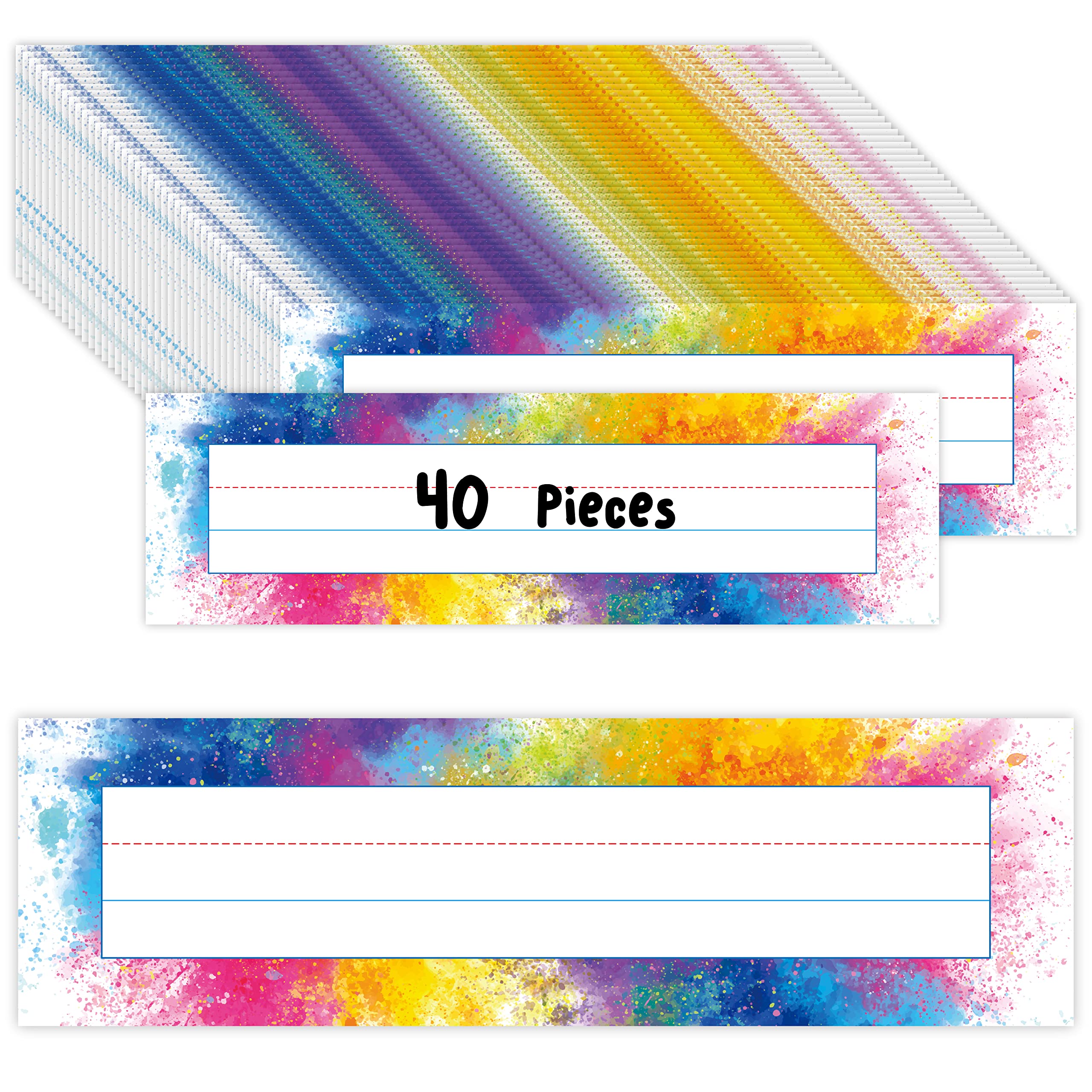 40PCS Desk Nameplates, Double Sided PET Film Desk Name Tags Student Name Labels Erasable & Reusable Traditional Manuscript Name Plates for School Classroom Organization (10” x 2.8”, Watercolor)