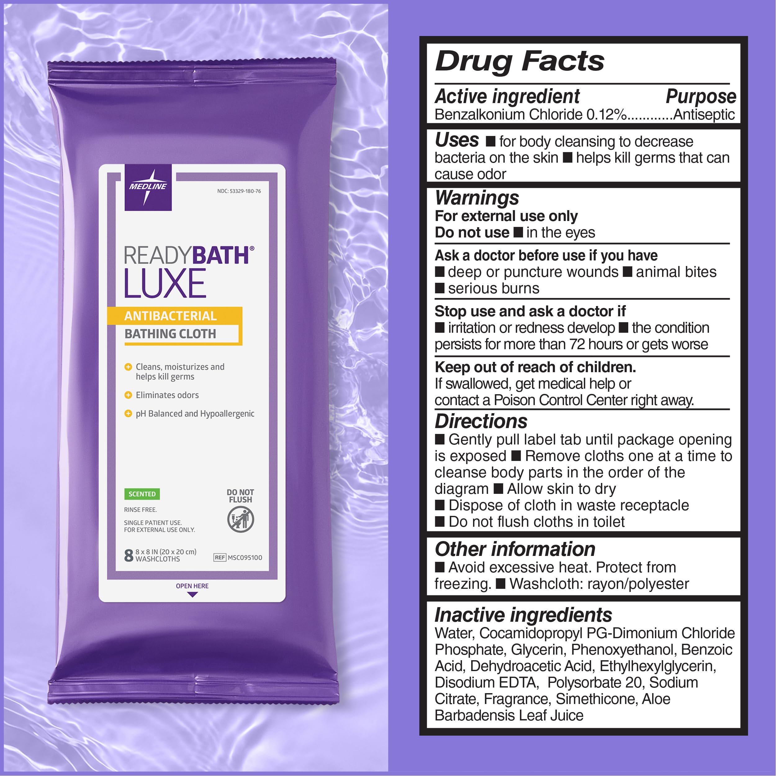 Medlind ReadyBath LUXE (8 Wipes/1 Pack), Scented, Extra Thick Adult Bath Wipes, No Rinse Formula with Aloe, Shower Wipes for Sensitive Skin, Hypoallergenic & Alcohol-Free Body Wash Wipes, 8 x 8 Inch
