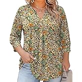 TFSDOD Womens Plus Size Tops 3/4 Length Sleeve Womens Tops V Neck Blouses Pleated Tunic Plus Size Fashion (1X-5X)