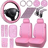 CAR PASS 24 PCS Pink Bling Diamond Accessories Set for Women, Leather Seat Covers, 15'' Steering Wheel Cover, Shining Rhinestone Sparkly Hooks, Coasters, Cute Interior Decorations