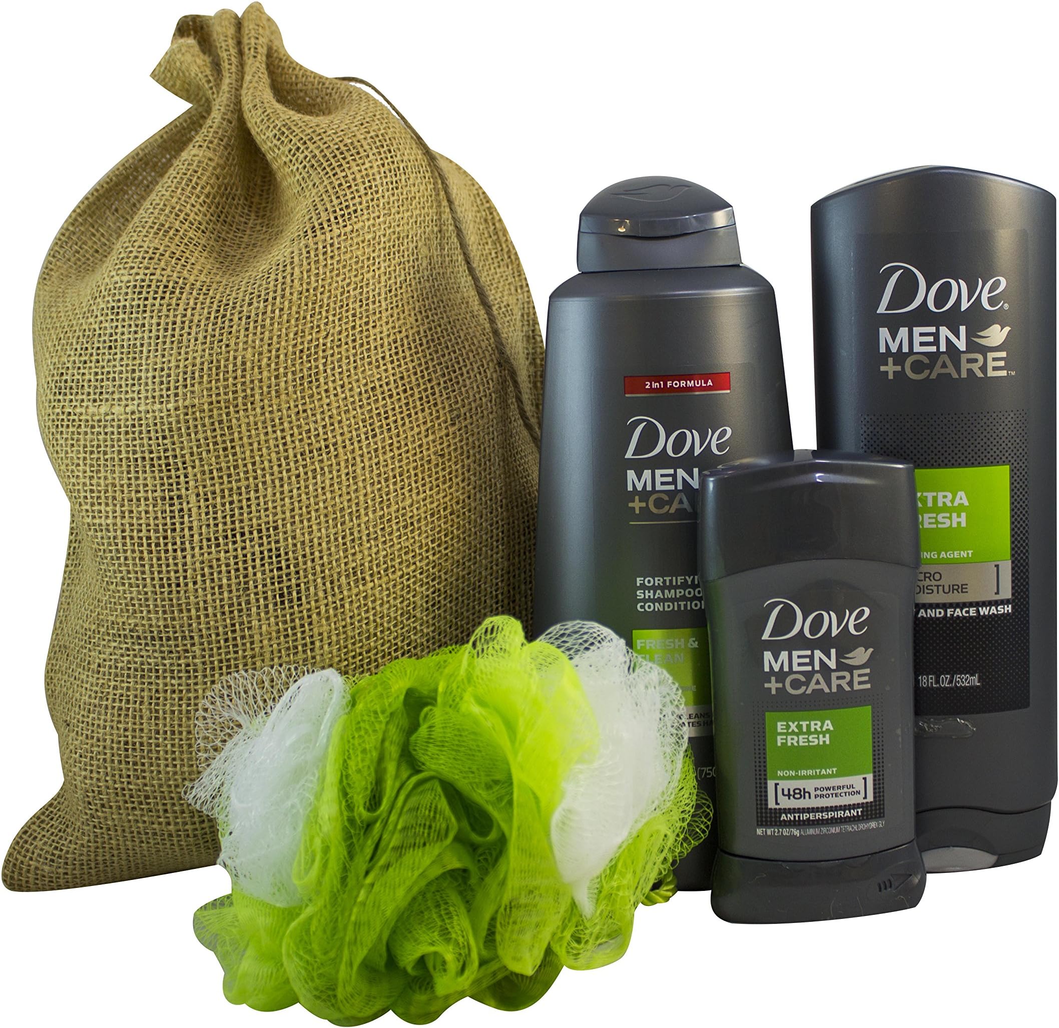 Dove Men + Care Gift Set with Large Full Size Shampoo + Conditioner, Body and Face Wash, Deodorant, and Body Pouf in Gift Bag (Extra Fresh)