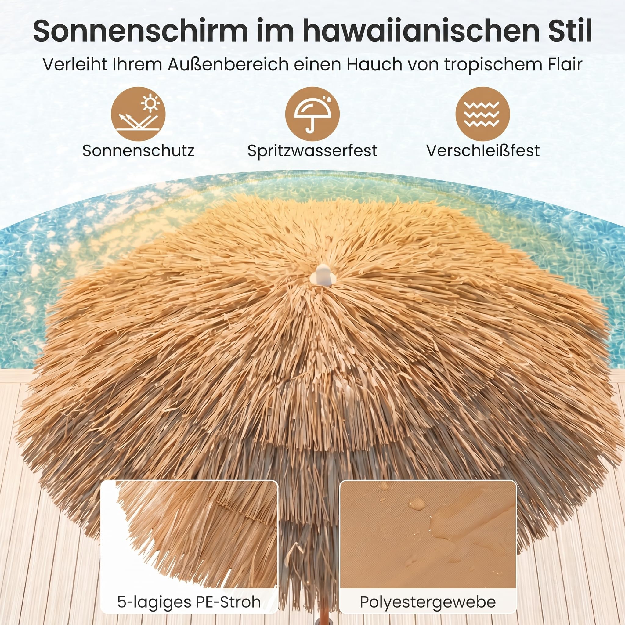 GOPLUS Sonnenschirm Hawaii, Ø 155 cm Sonnenschirm Stroh von 140-190 cm Höhenverstellbar, Strohschirm um 40° knickbar, Hawaii Schirm mit Tragetasche, Strandschirm für Strand, Balkon & Garten 4