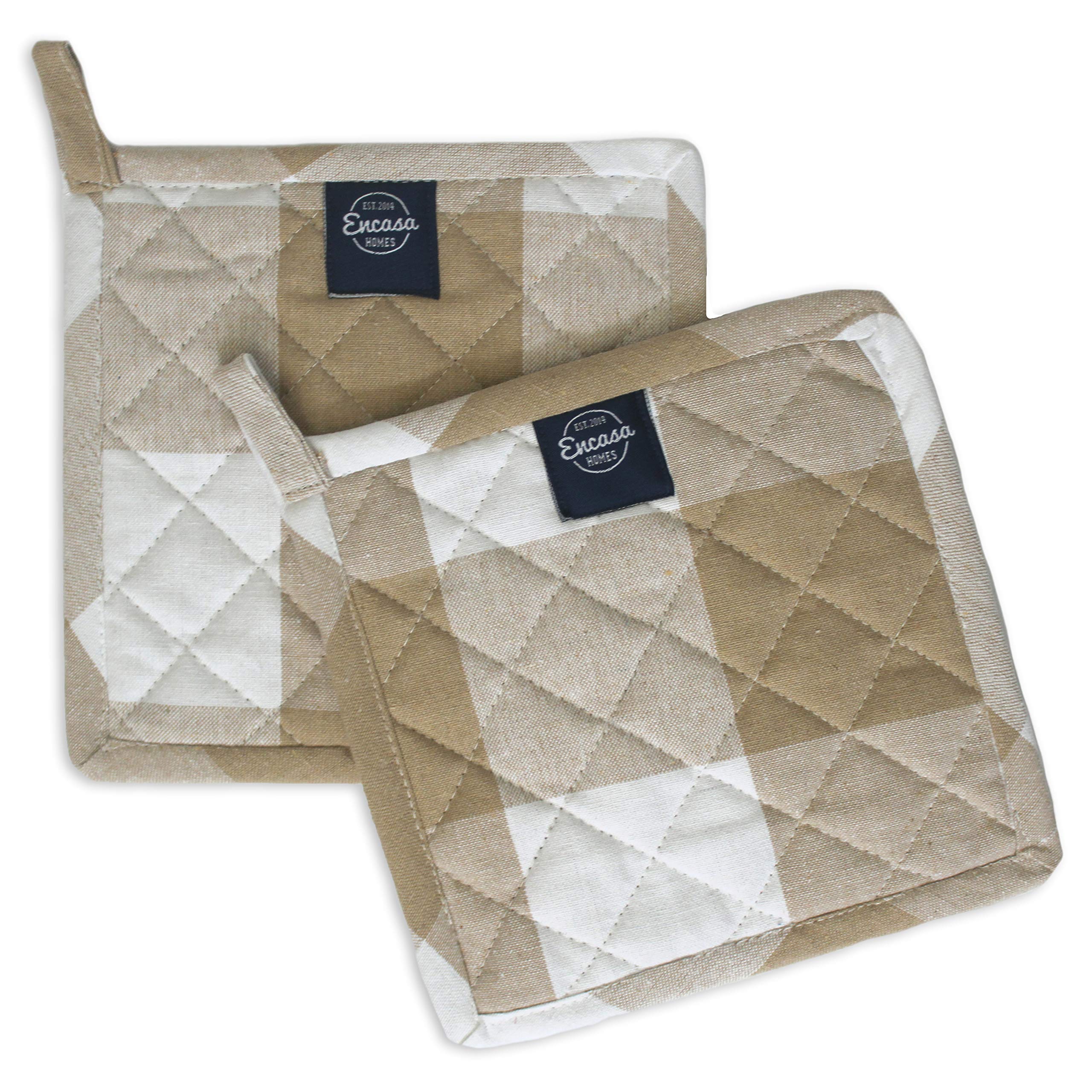 Encasa XO 21 cm Oven Microwave Potholders (2 pc Set) for Kitchen Cooking & Baking - Heat Resistant, Thick & Safe, Protection of Hands from Hot Utensils - Buffalo Beige Checks