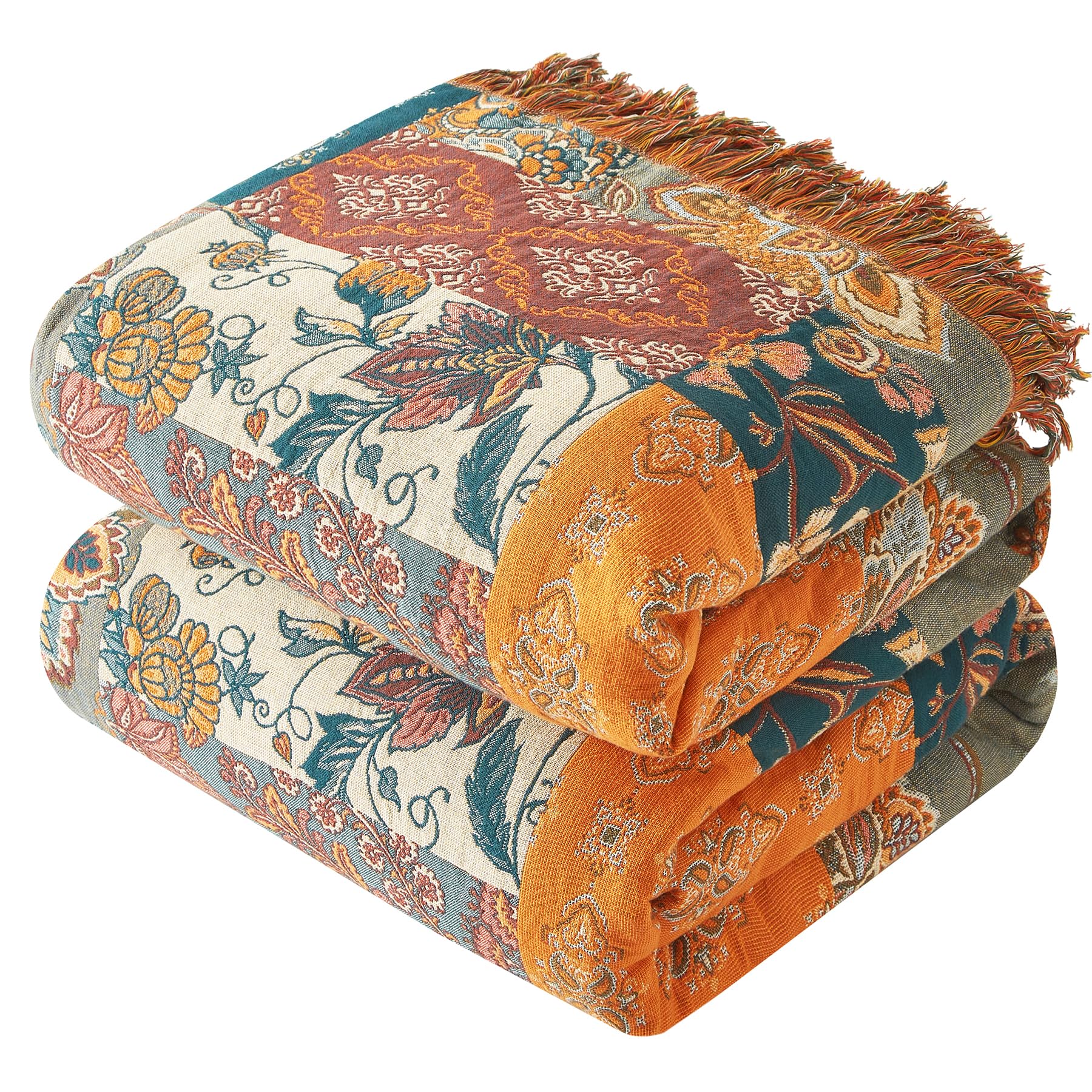 Bailix Boho Throw Blanket for Couch Sofa Bed, 100% Cotton Woven Quilt with Tassel 60”x80”, Super Soft Muslin Blanket with Floral Printed, Decorative Reversible Bed Blanket/Cover for All Seasons