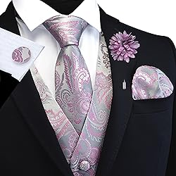 GUSLESON Mens Silver Pink Vest Tie and Bow Tie Set
