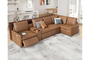 AMERLIFE Power Recliner, Reclining Sectional Sofa with Console& Single Left Recliner, 5 Seats L Shaped Couch with Cup Holder& Charging Socket, Leather Modular Sofa for Living Room