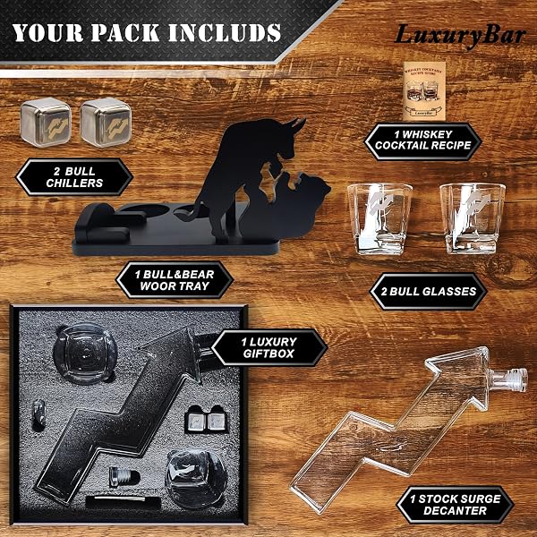 STOCK-SKYROCKET WHISKEY DECANTER SET WITH BULL&BEAR TRAY 2 BULL CHILLER 2 8.5OZ GLASSES,28OZ WHISKEY DECANTER SETS FOR MEN,LIQUOR DISPENSER TEQUILA BOURBON GIFTS FOR MEN DAD HIM HUSBAND