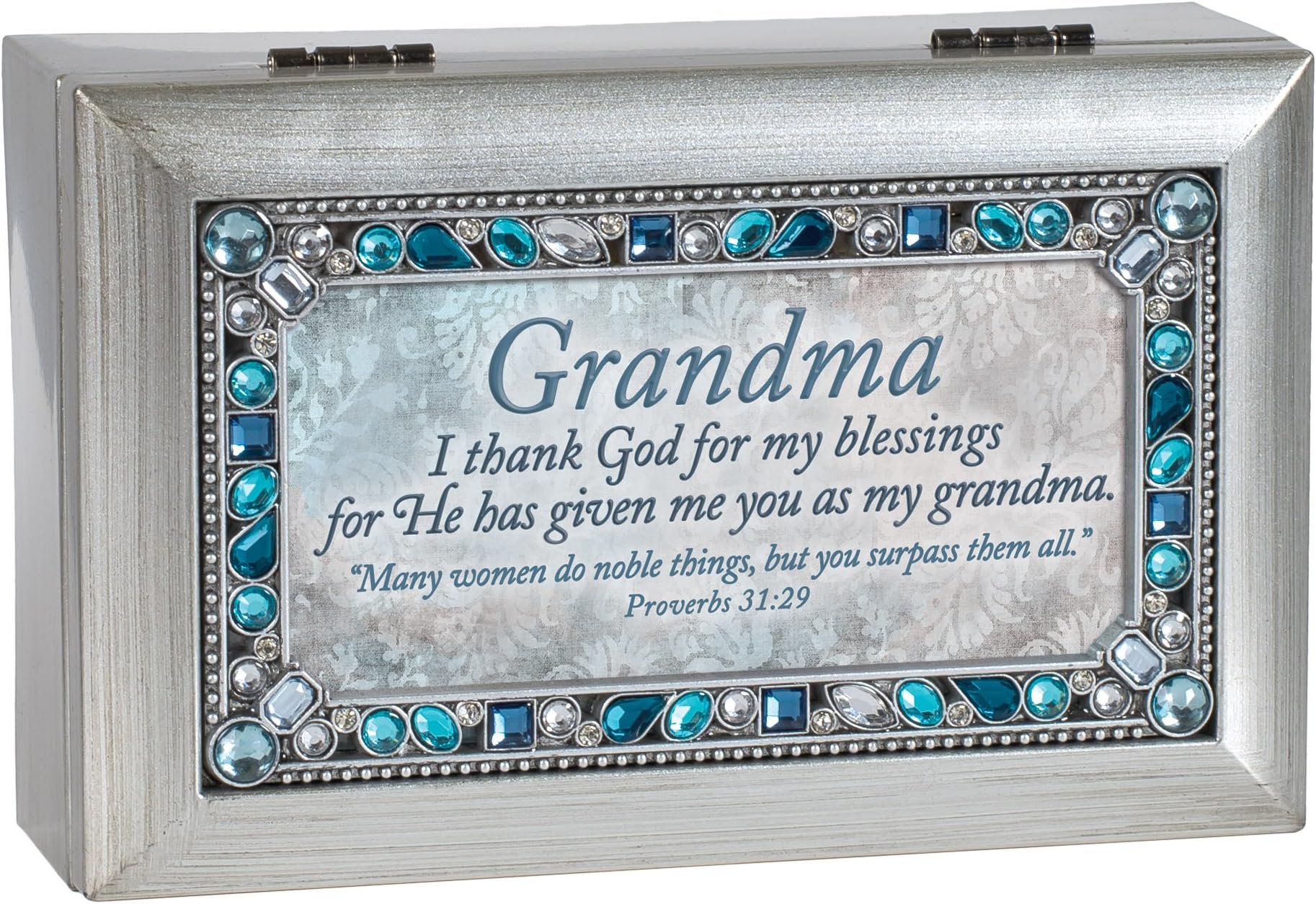 Cottage Garden Thank God for You Grandma Brushed Silvertone Jewelry Music Box Plays Amazing Grace