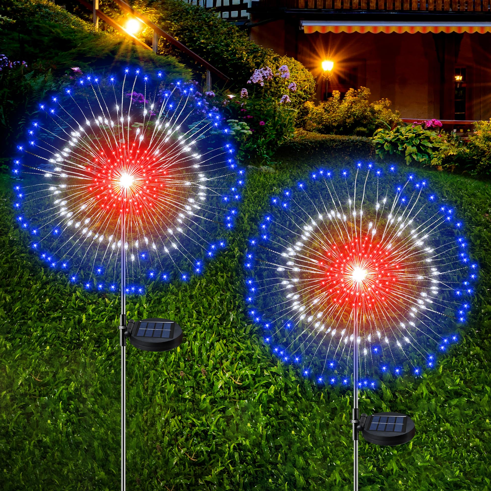 Photo 1 of [Upgrade] 4th of July Decorations Outdoor Solar Lights, 2 Pack Solar Powered Firework Lights with 8 Modes Red White Blue LED Lights Patriotic Decorations for Memorial Day Presidents Day Veterans Day