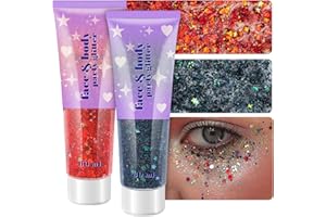 LINWULTE Body Glitter Gel, 2 Jars Holographic Chunky Glitter Makeup for Body, Hair, Face, Nail, Lip, Eyeshadow, Total 120ML Long Lasting Iridescent Chunky Glitter for Concert Festival Rave (Red & Black)