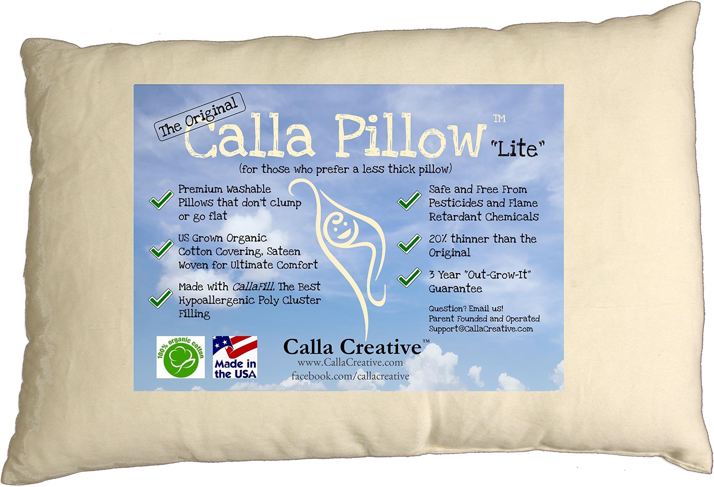 Calla Pillow Lite - 20% Less Fill - Worlds Best Washable Pillows Covered in Soft Organic Cotton - 3 Year Guarantee