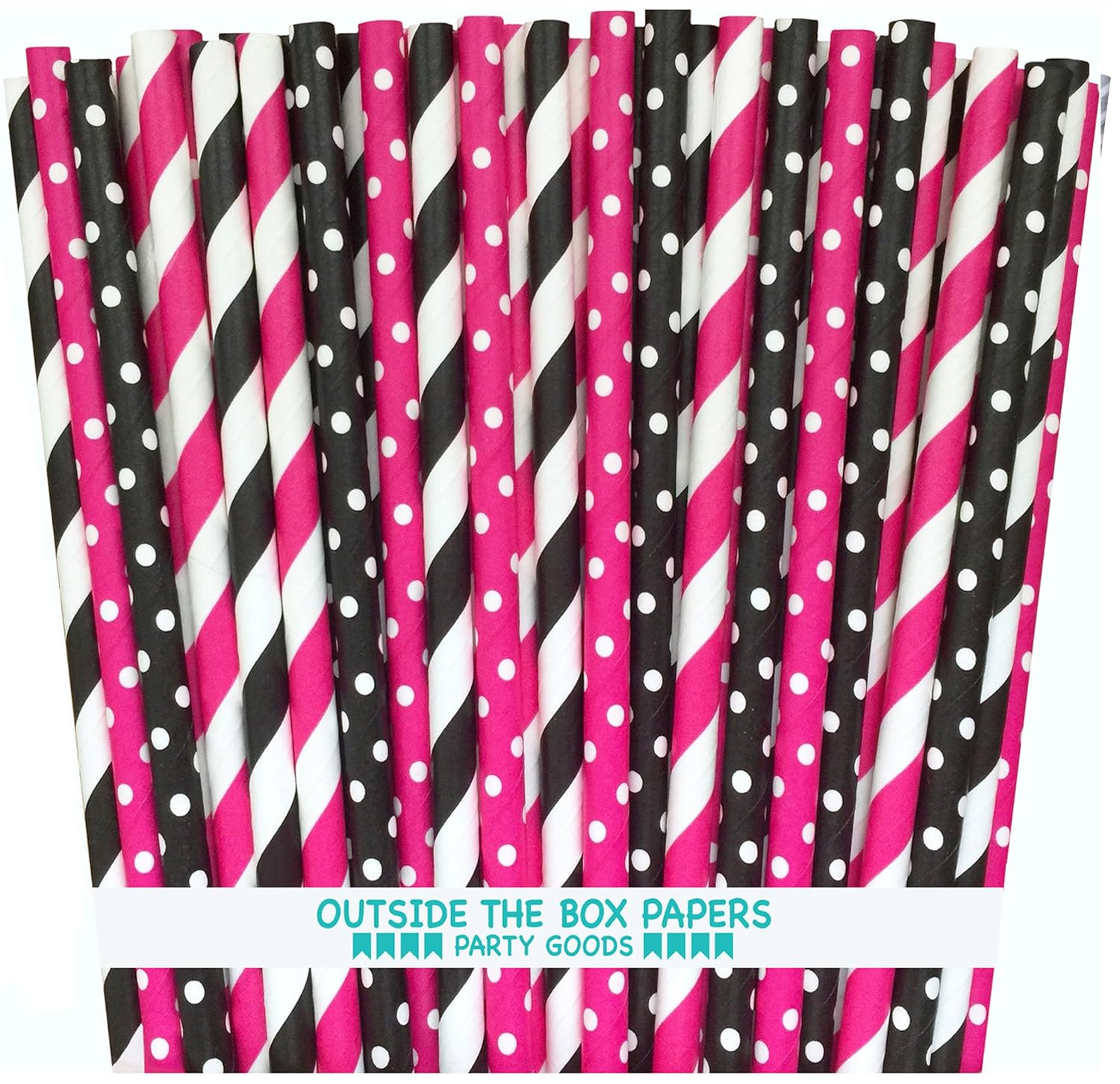 Outside the Box Papers Diva Theme Stripe and Polka Dot Paper Straws 7.75 Inches 100 Pack Hot Pink, Black, White
