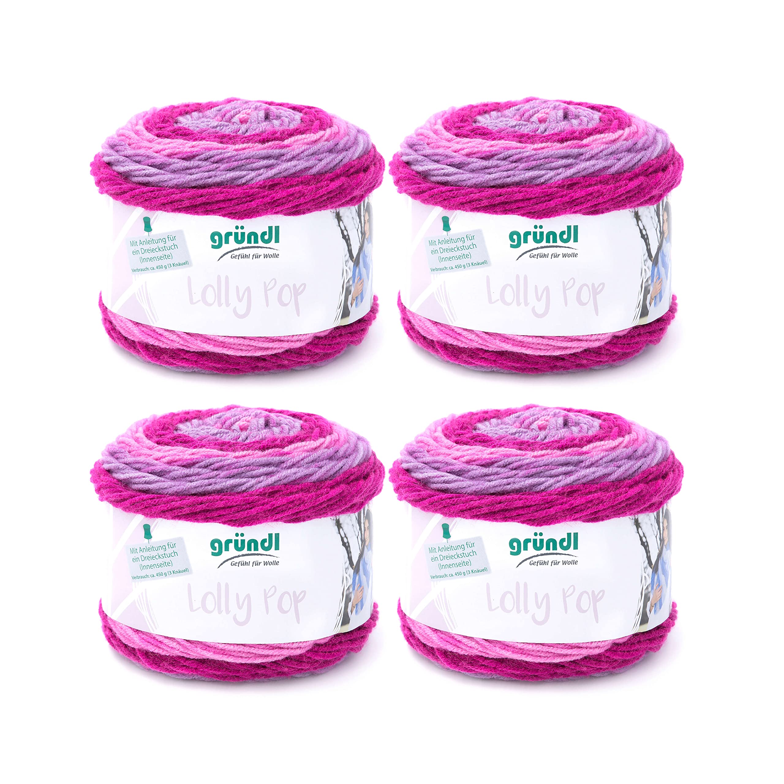 Gründl Lolly Pop Crochet and Knitting Yarn (Wool-like and Washable Universal Yarn 100% Polyacrylic, 150g/240m, Needle Size: 5-6, 4 x 150g), Raspberry Swirl, 24 x 24 x 10cm