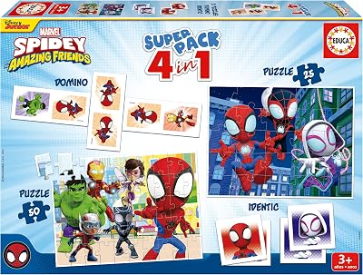 - Superpack Spidey & Friends 4 en 1 | Coffret Jeux Enfants Marvel : 2 Puzzles 25 et 50 pièces, Domino 28 pièces, Jeu Mémoire 28 Cartes | Licence Marvel | Dès 3 Ans (19682)