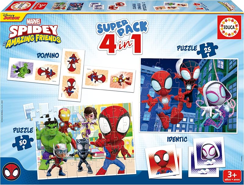 Educa - Superpack Spidey & Amigos | Jogos de Tabuleiro e Puzzles Infantis: Dominó, Idêntico com 28 Cartas e 2 Puzzles de 25 e 50 Peças. Jogo Infantil para 3, 4 e 5 anos (19682)