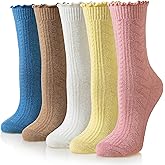 Eyean Womens Merino Wool Ruffle Socks Knit Warm Boot Winter Cozy Thermal Hiking Dress Crew Frilly Socks 5 Pairs