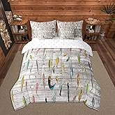 Feelyou Fishing Bait Comforter Set 7 Pieces Twin Size Fishing and Hunting Bedding Set for Kids Boys Girls Rustic Country Wood Bed in a Bag with Comforter + Sheets + Pillowcases + Cushion Covers
