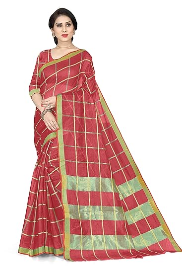 Traditional Poly Cotton Checks Zari Woven Design Saree For Women With Un-Stitched Blouse Piece