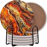 Petrified Wood Agate Round Coasters Set of 6 - Abosrbent Ceramic Coasters with Metal Stand for Drinks, Coffee, Non-Slip Cork Back for Tabletop Protection, 4 Inches