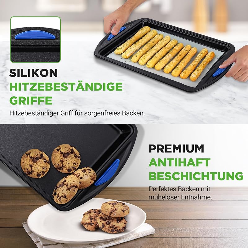 Backblech Set 3-teilig – Antihaft Ofenbleche Blau mit Silikongriffen, 45.5x27 cm, 40x25 cm, 35x22 cm PFOA-frei, stapelbar und langlebig, rutschfest, gut für Pizza, Kuchen, Brot, Blau/Schwarz — Foto 6 von 8