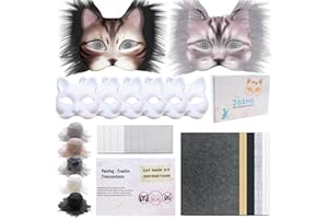 J6&H6 31 Pcs DIY Therian Mask Kit with Exclusive Ghost Stickers, Blank Cat Mask,Fabric Sheet, Faux Fur and Eye Mesh Suitable for Halloween，Ghost Role-Playing Parties（Grey）