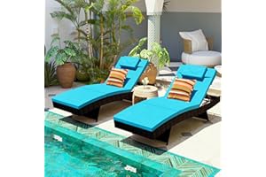 Sundale Outdoor WickerChaise Lounge Set of 2, Rattan Patio Lounge Chairs for Outside, Adjustable Chaise Loungers with Cushions & Pillows for Deck, Indoor, Yard - Steel, Turquoise
