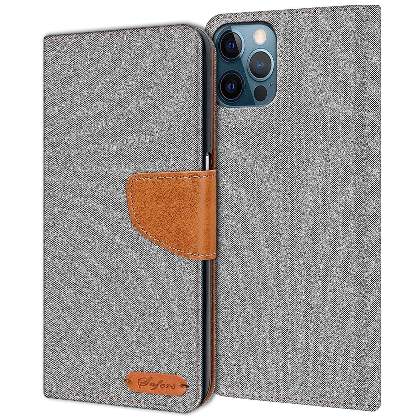 Verco Phone Wallet Case compatible with the Apple iPhone 12 Pro Max Case 6.7 inch, Canvas Faux Leather Book Cover for the iPhone 12 Pro Max Flip Case Bag Hinged - Grey