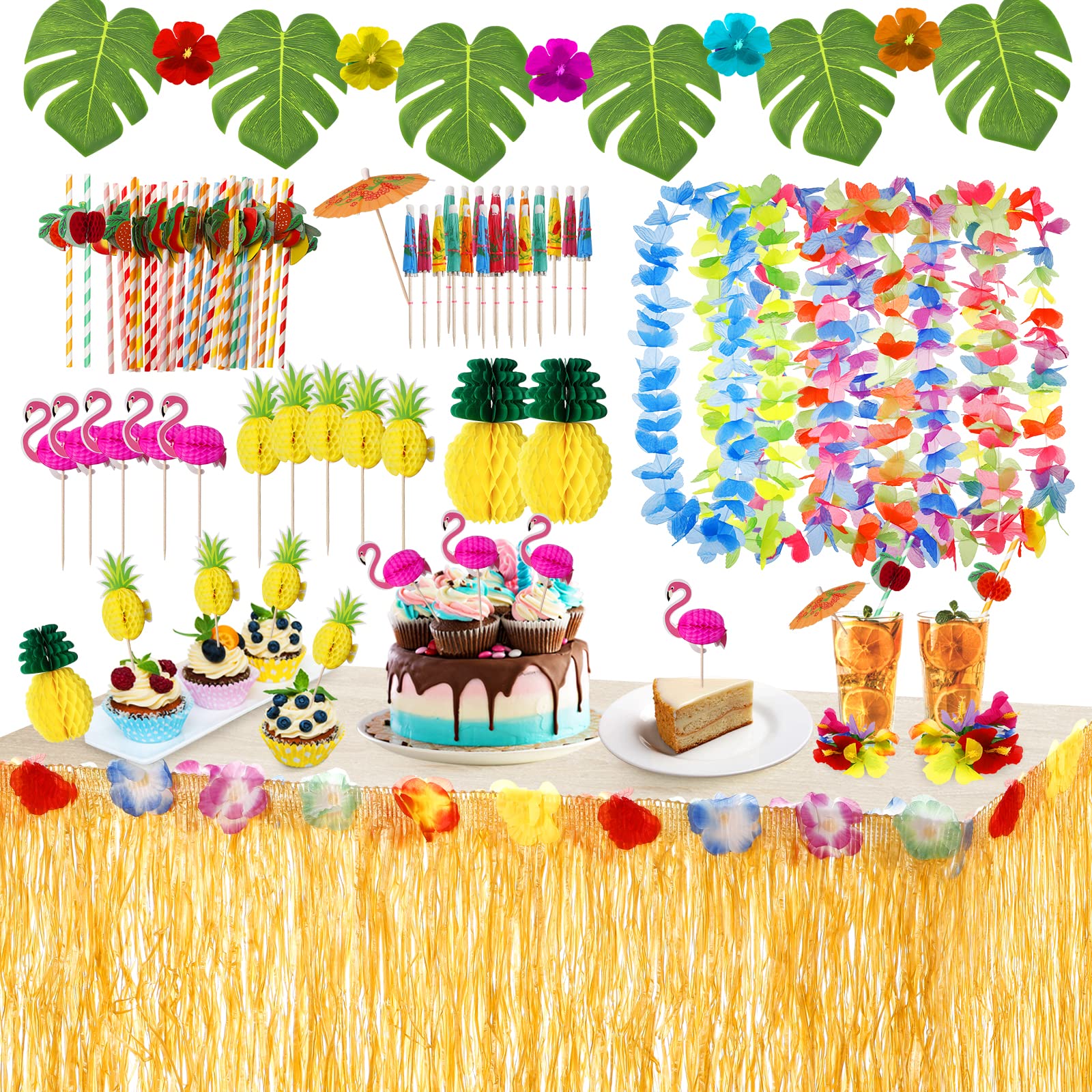 Hawaiian Party Decorations Set, Hawaiian Luau Grass Table Skirt, 12PCS Garlands, Hawaiian Flowers & Palm Leaves, Tropical Party Decorations for Garden Summer, Cocktail Accessories, Beach, Bikini Party