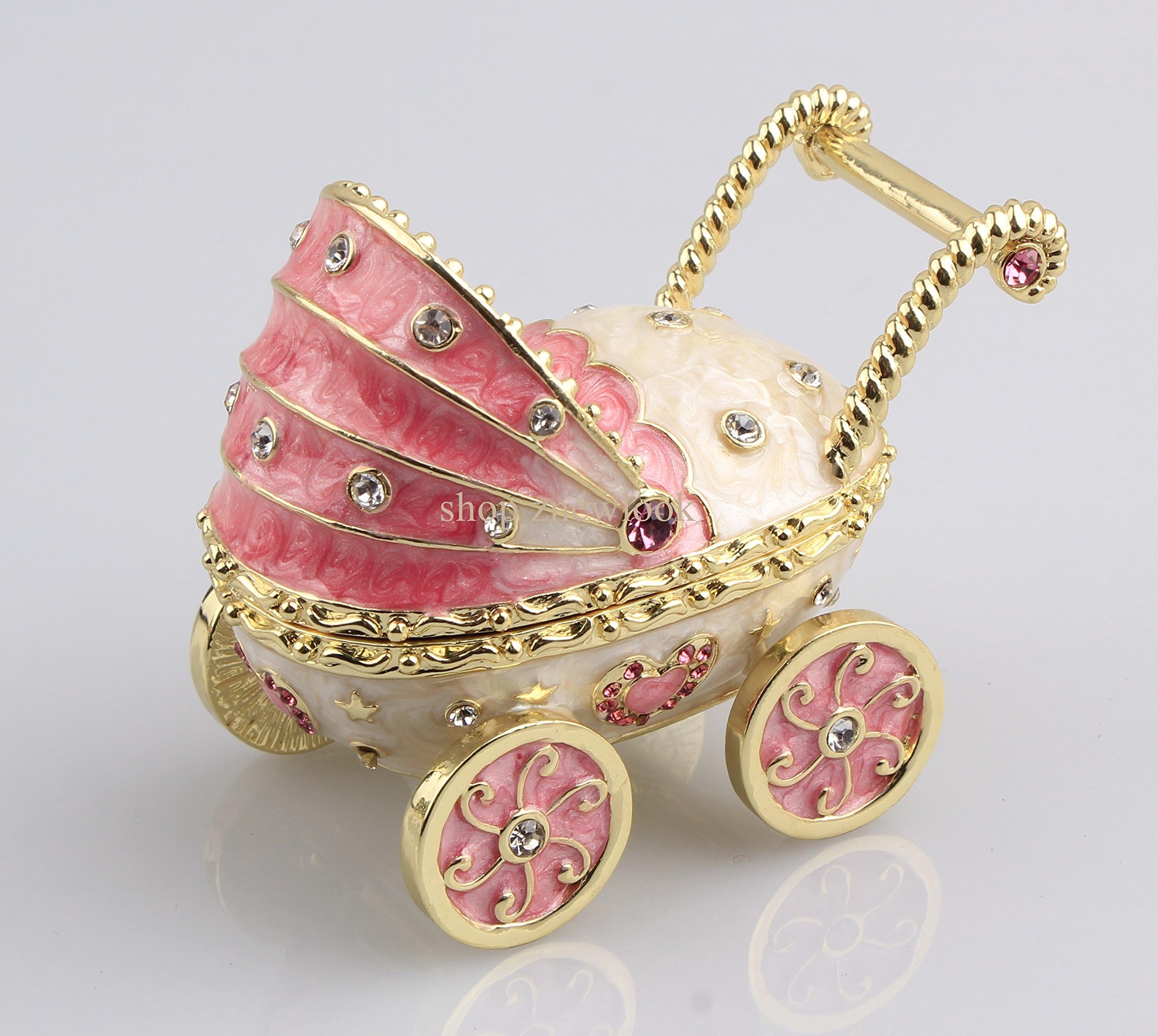 znewlook Gifts Baby Carriage Handmade Jeweled Trinket Box Car Shaped Keepsake Box Baby Carriage Pill Box (Pink)