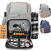 Rnoony Picnic Backpack for Camping, Picnic Basket for with Insulated Cooler Bag and Bottle Pouch,Camping Gifts for Couples with Lightweight Blanket and Cutlery Set for Family, Couple and Hiking