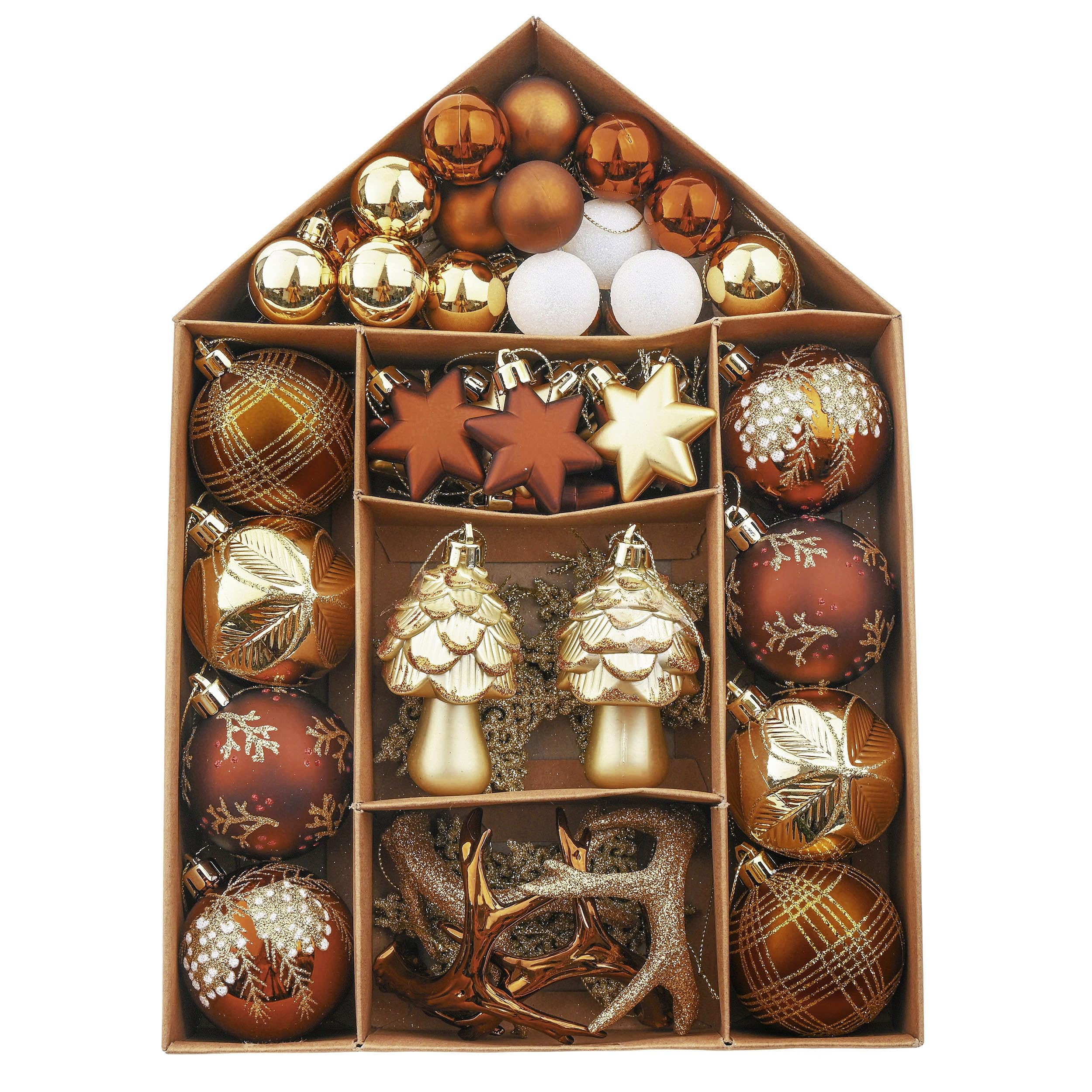 Valery Madelyn Christmas Baubles,70pcs 3-9cm Shatterproof Christmas Baubles Pack with Tree Topper, Woodland Copper and Gold Ball Ornaments for Tree Decoration,House Shape Packing