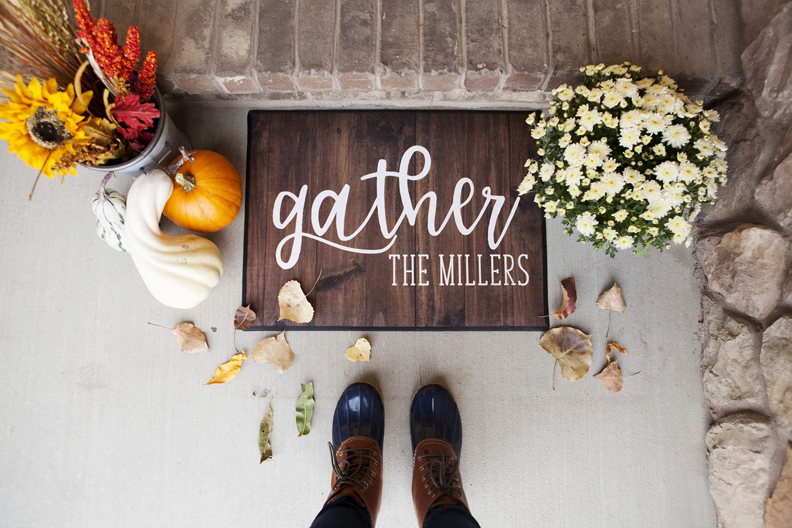 Custom Door Mat for Outdoor or Indoor Entrance (Thanksgiving Fall Gather The Millers Design) - Medium 24 x 18 Patio Welcome Mat - Personalized Entry Rug for Porch, Garage, or High Traffic Areas