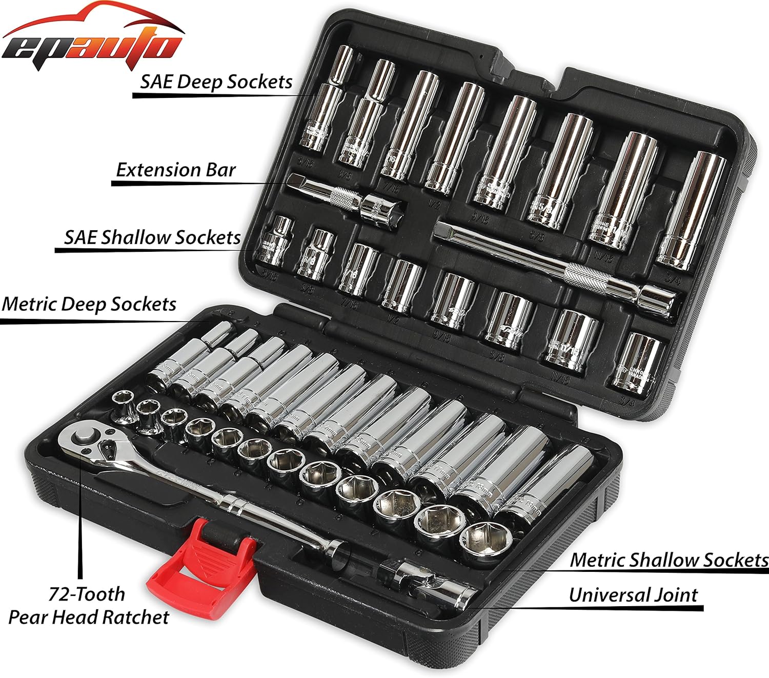 EPAUTO 45 Pieces 3/8" Drive Socket Set with 72-Tooth Pear Head Ratchet: Automotive
