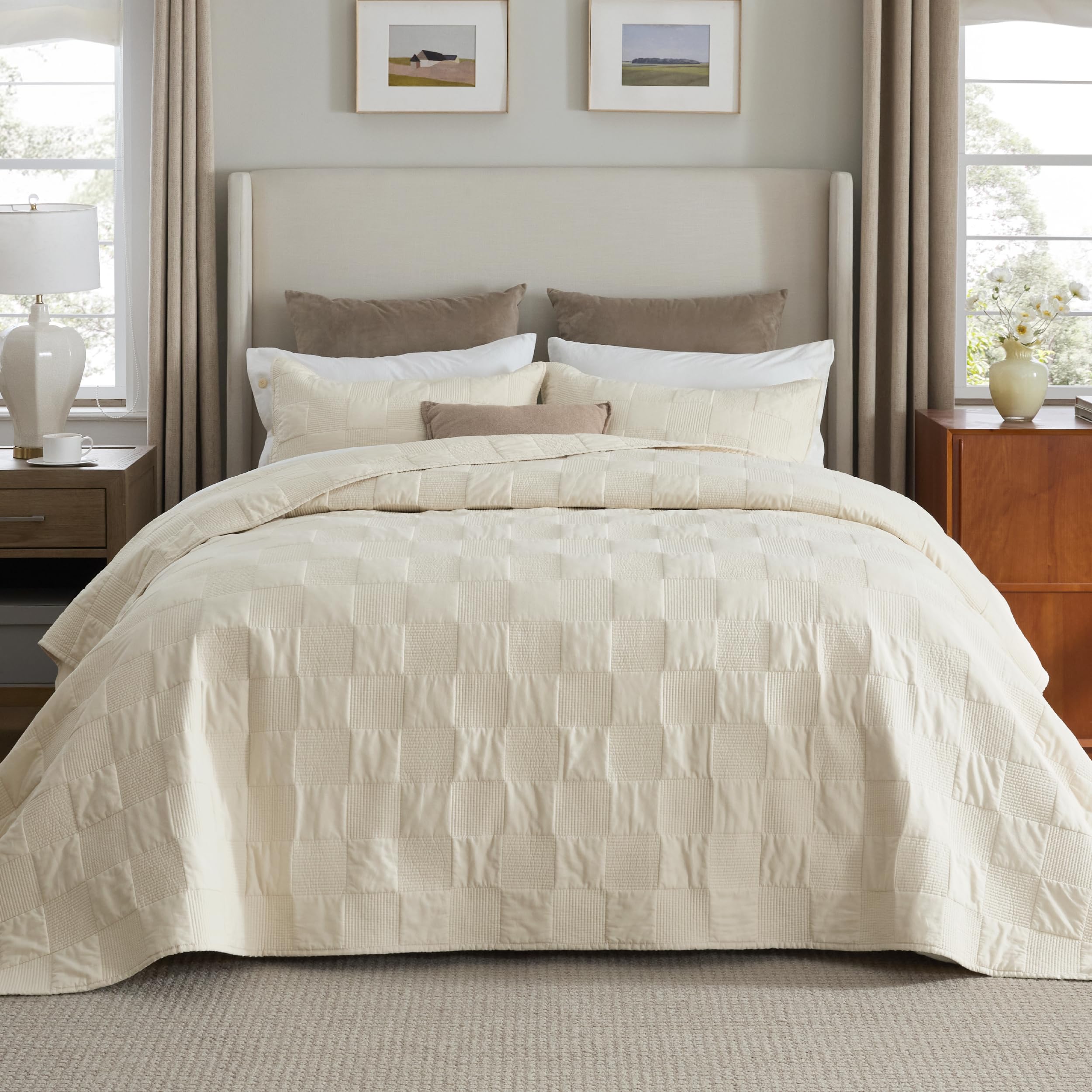 Photo 1 of Bedsure 100% Cotton Quilt Set - Lightweight Queen Bedspread, Cozy Beige Bedding Coverlet 3-Piece with Pillow Shams in Checker Pattern for All Season, 90x96 inches, 100% Cotton Voile