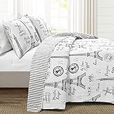 Lush Decor Paris Bonjour Reversible Cotton 3 Piece Quilt Set, King, Black & White