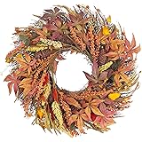 SZAT PRO Fall Wreath 24 Inches Large Farmhouse Autumn Harvest Wreaths with Straw Wheat Maple Leaf Grain for Front Door Wall R