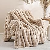 Smoofy Faux Fur Throw Blanket for Couch – Linen Fluffy Cozy Rabbit Fleece, Plush Soft Bubble Blanket for Sofa & Bed, for Mom, Warm Fuzzy Home Room Decor Throw 50" x 60"