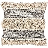 The Urban Port 18 x 18 Inch Shaggy Square Cotton Accent Throw Pillow, Abstract Art Texture Design, 18 x 18, Beige and Black