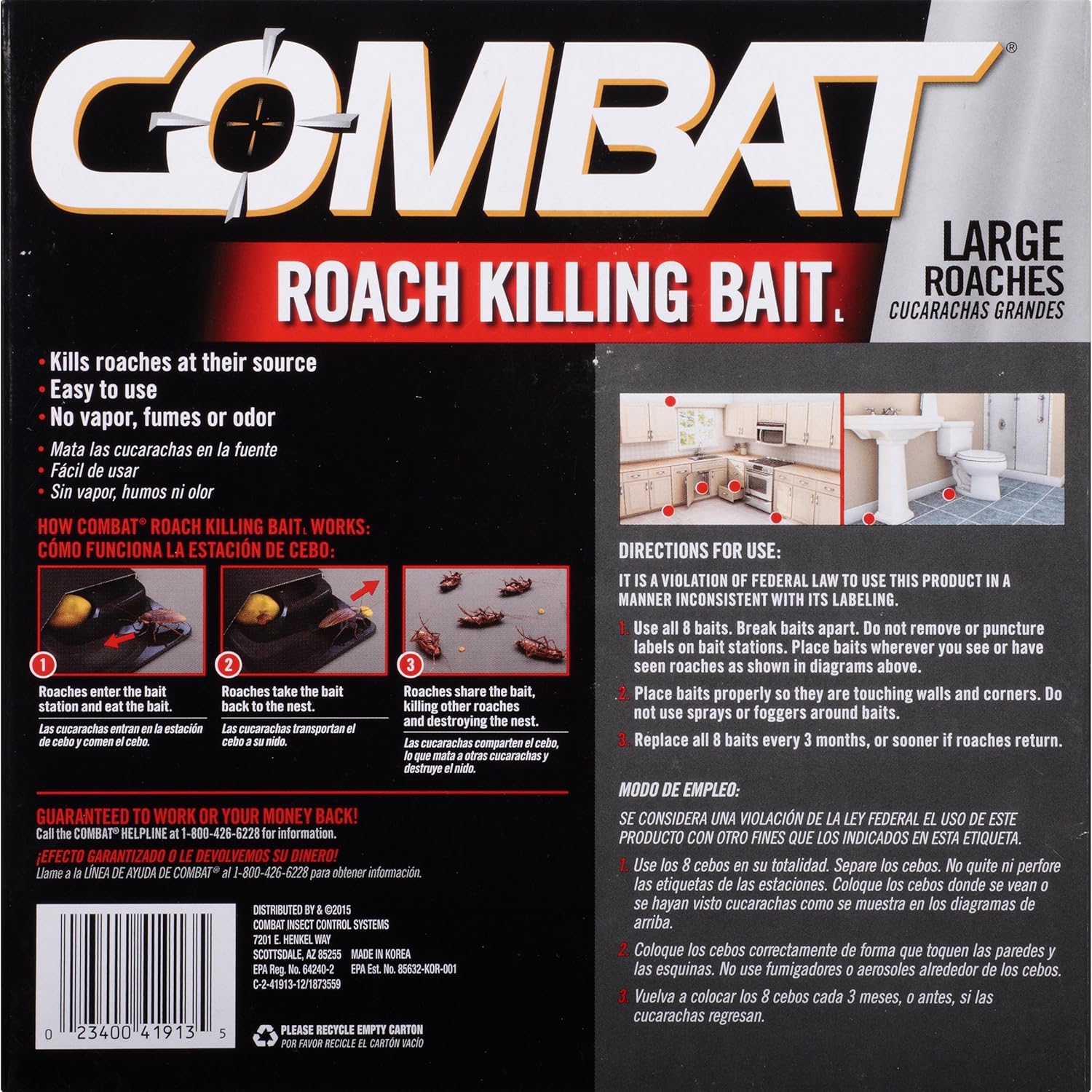 Combat Roach Killing Bait, Large Roach Bait Station, Kills the Nest, Child-Resistant, 8 Count : Home Pest Lures : Garden & Outdoor