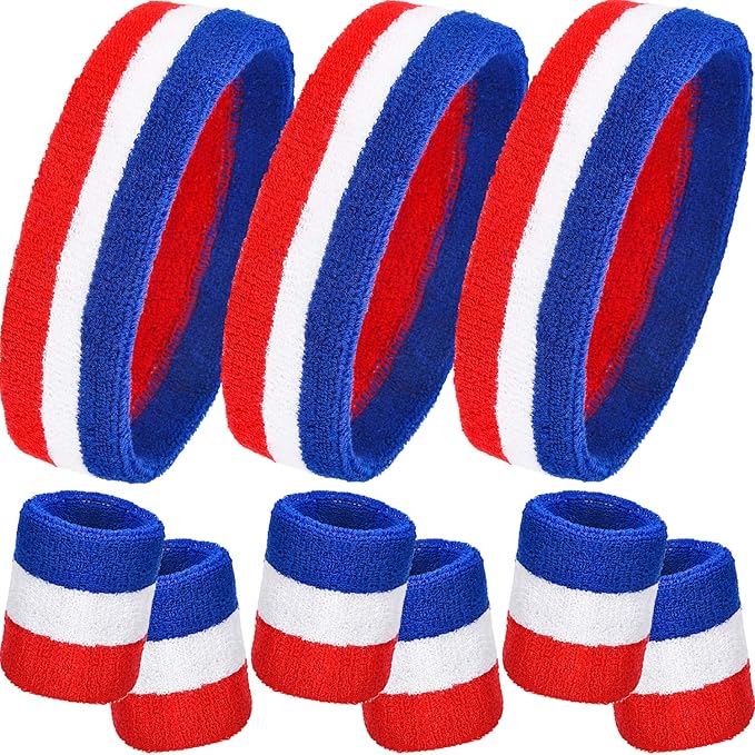9 Pieces Striped Sweatbands Set, Includes 3 Pieces Sports Headband and